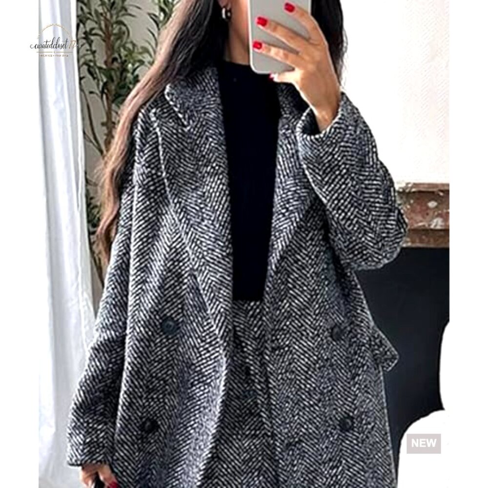 Women's Wool Herringbone Trench Coat Double Breasted Long Pea Coat - Picture 5 of 5